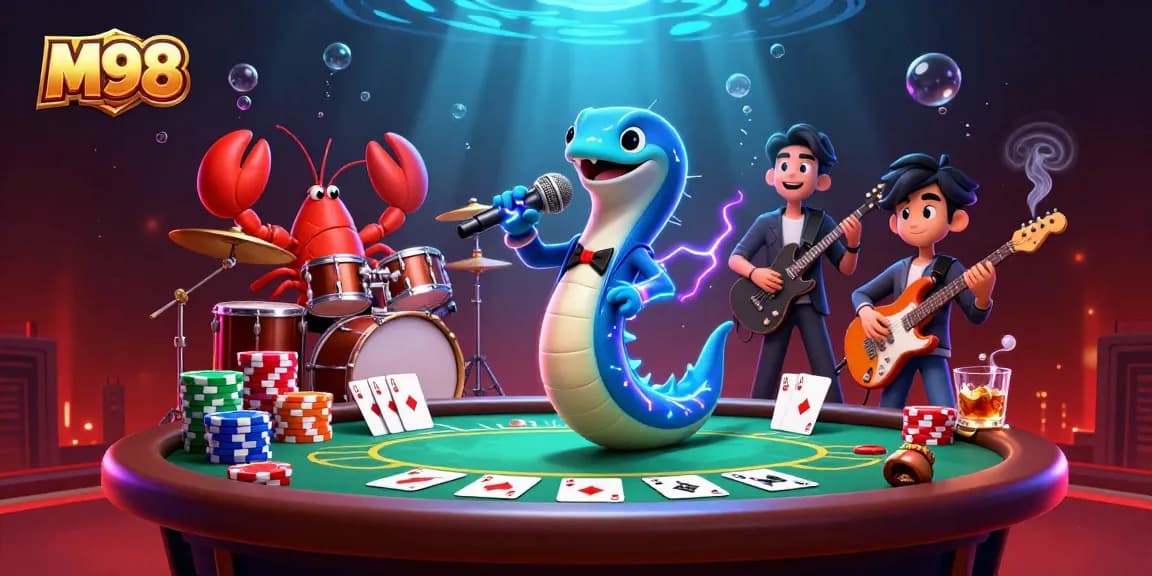 M98 captivates players in a rich underwater casino scene with an electric eel DJ and vibrant betting elements.