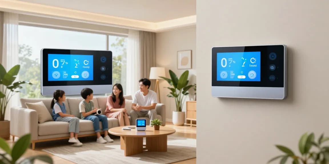 Family interacting in a cozy living room with a smart thermostat on the wall, showcasing modern home technology.