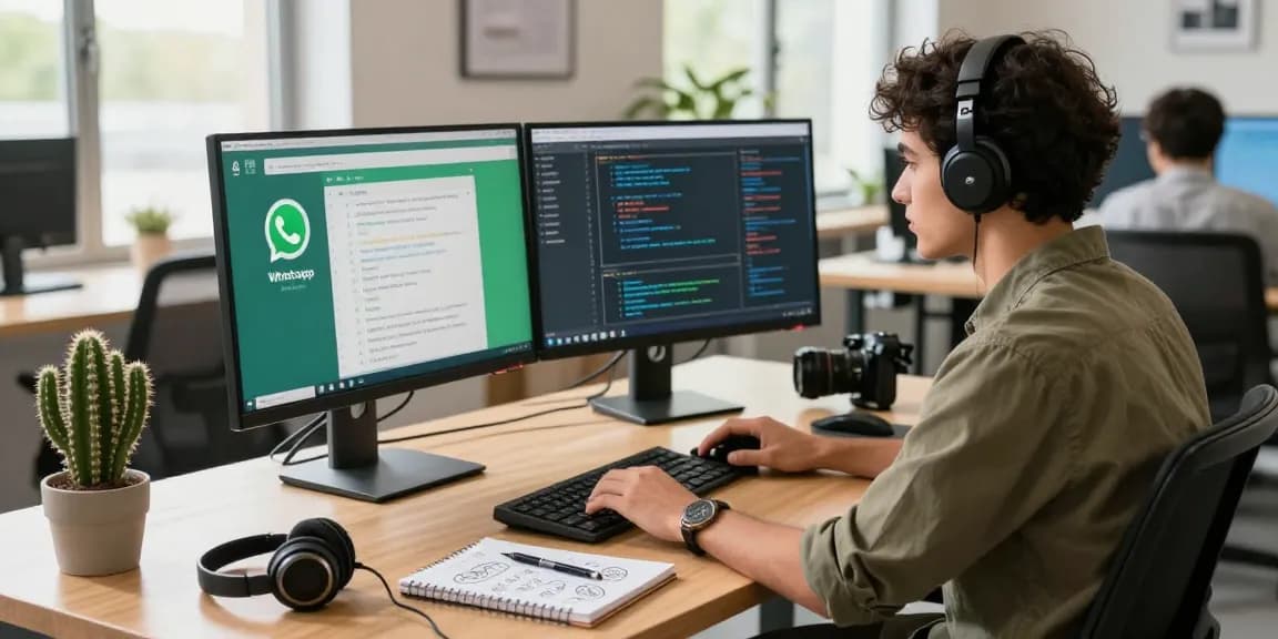 WhatsApp下載 in a modern tech workspace with dual monitors, showcasing productivity and innovation.