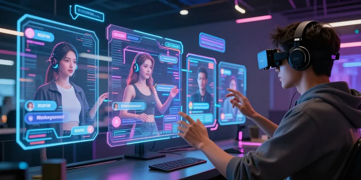 Engaging user interacting with NSFW AI avatars in a dynamic digital environment