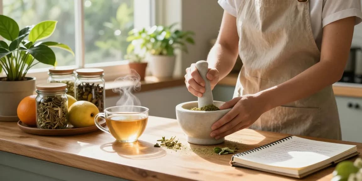 HappyGoLeafy user preparing herbal blend with Green Vietnam Kratom in a sunlit kitchen.