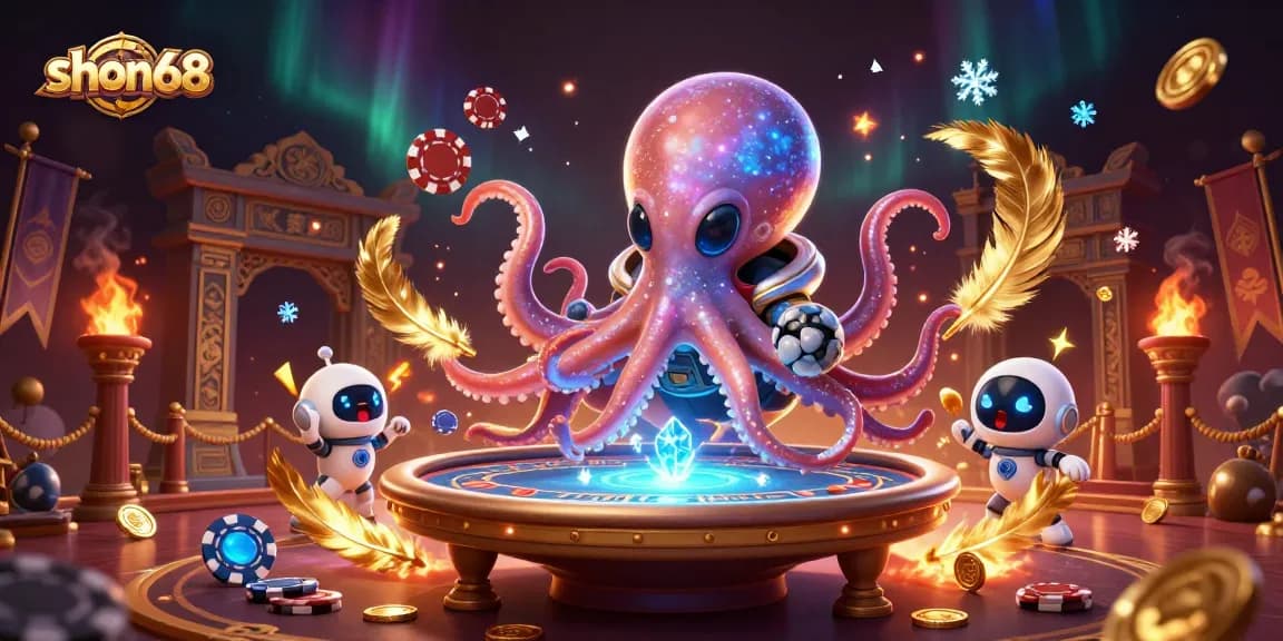 Experience thrilling gameplay at shon68 with an alien octopus managing a holographic poker table.