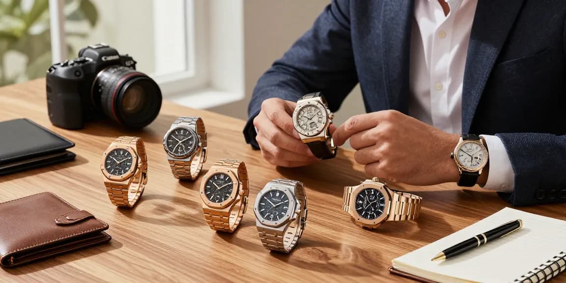 Luxurious collection of super clone watches displayed on a modern table, showcasing intricate details and craftsmanship in an elegant setting.