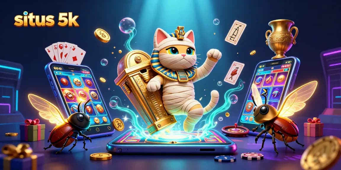 Engage with situs 5k and discover thrilling slots featuring a mummy cat and glowing scarab in an intense casino scene.