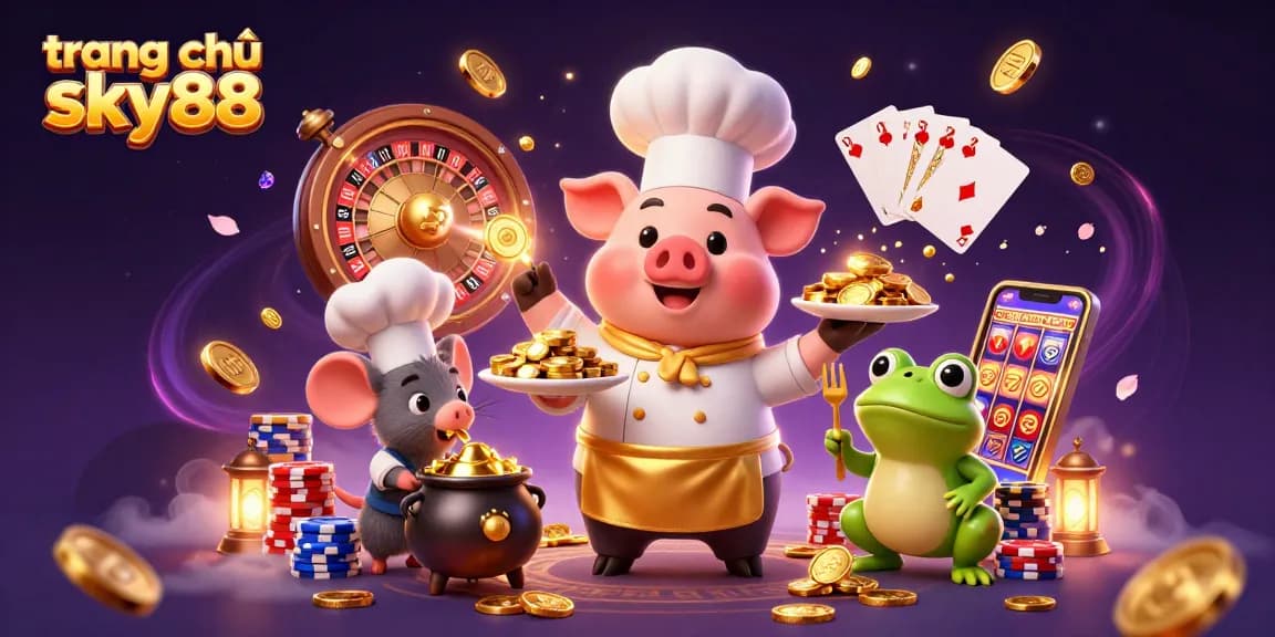 Experience the excitement at trang chủ sky88 with golden coins cascading around unique casino characters.