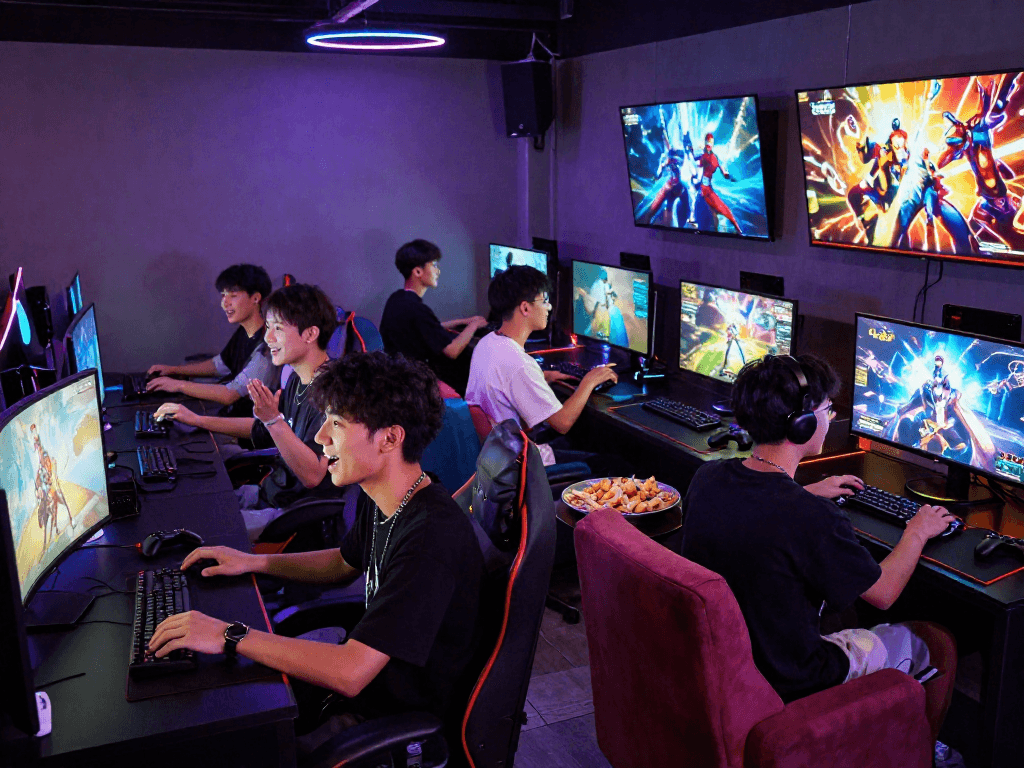 Group of friends enjoying adult games in a lively gaming lounge
