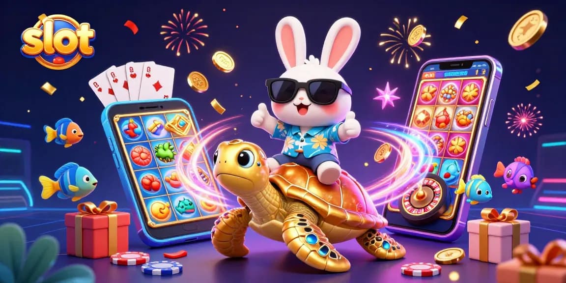 Exciting slot game action with a lucky rabbit and golden turtle in a vibrant casino scene
