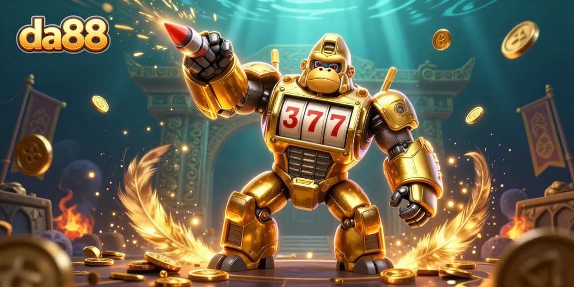 Engage with exciting da88 gaming action featuring a golden gorilla mech bursting with coins.
