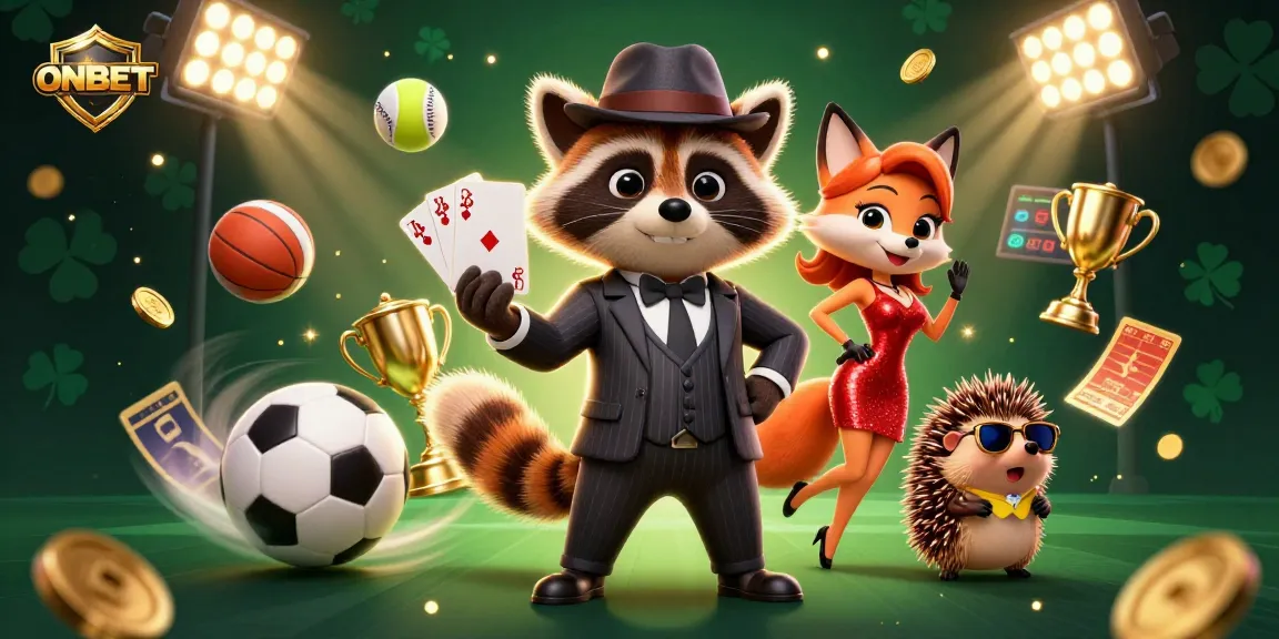ONBET showcases an exciting casino scene with a suave raccoon, a fox lady, and a hedgehog bouncer.