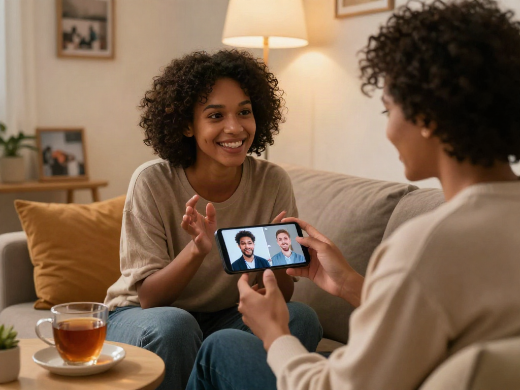 Couple enjoying ai sex chat in a cozy living room setting, showcasing digital intimacy.