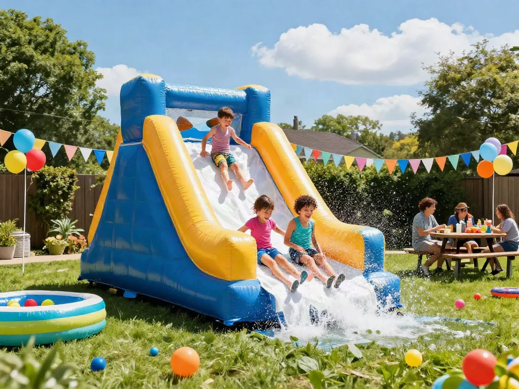 Children enjoying a fun slip and slide in a vibrant summer backyard party