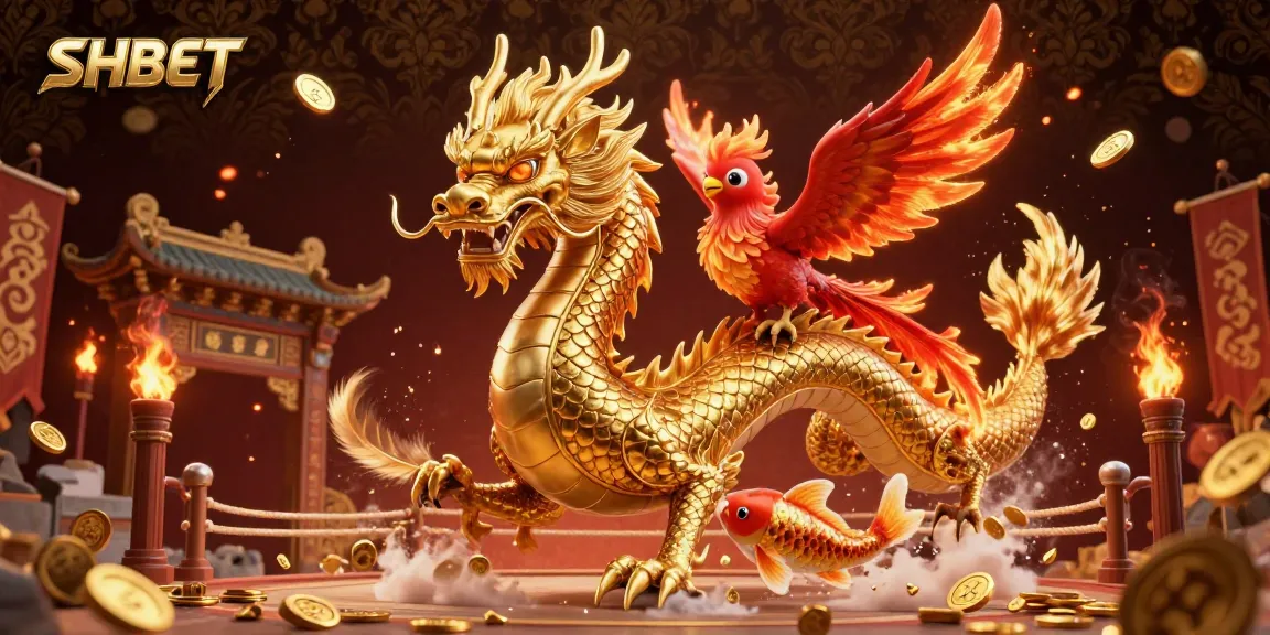Experience thrilling gaming with SHBET through fierce dragons, phoenixes, and coins in an animated casino scene.