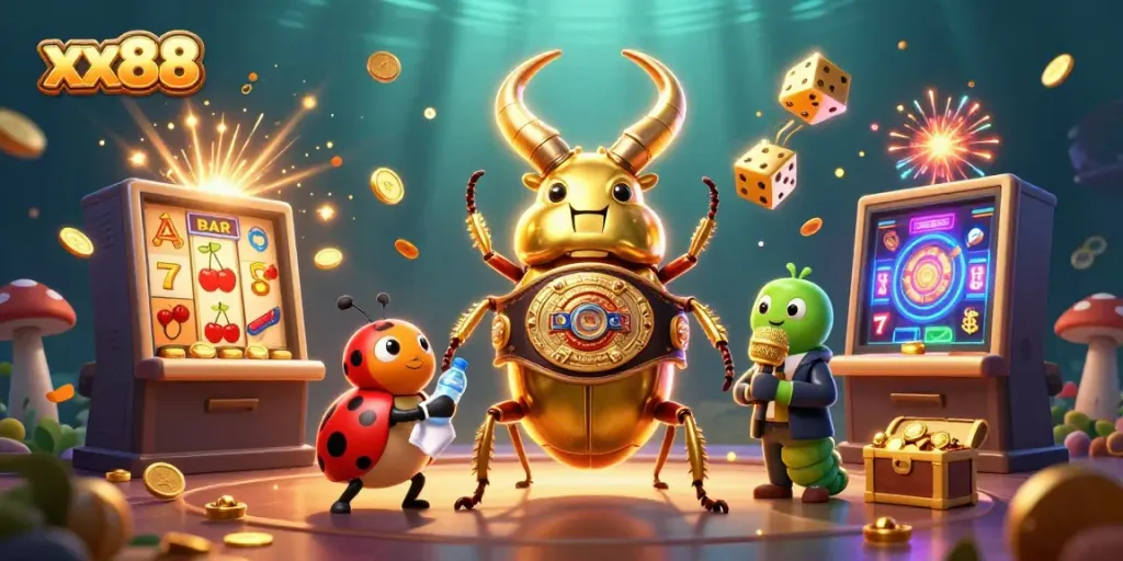 Illustration showcasing xx88 with vibrant casino elements, featuring a golden stag beetle and dynamic game action.