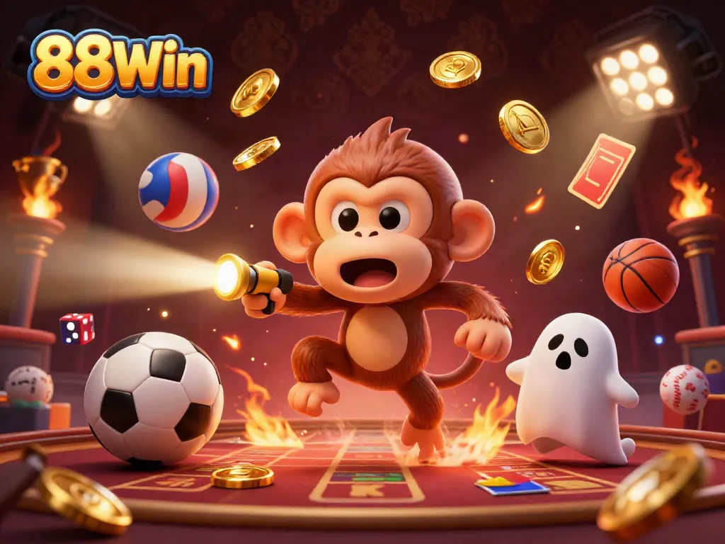 Experience thrilling wins at 88Win as a poltergeist monkey juggles golden casino items for an exciting gaming adventure.