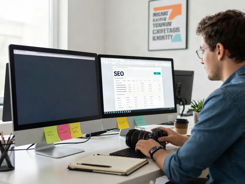 SEO specialist analyzing metrics for instant indexing optimization in a vibrant workspace.