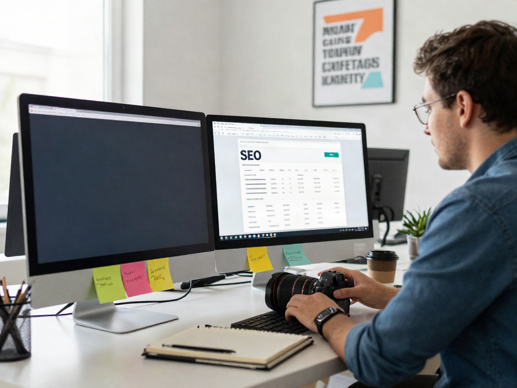 SEO specialist analyzing metrics for instant indexing optimization in a vibrant workspace.
