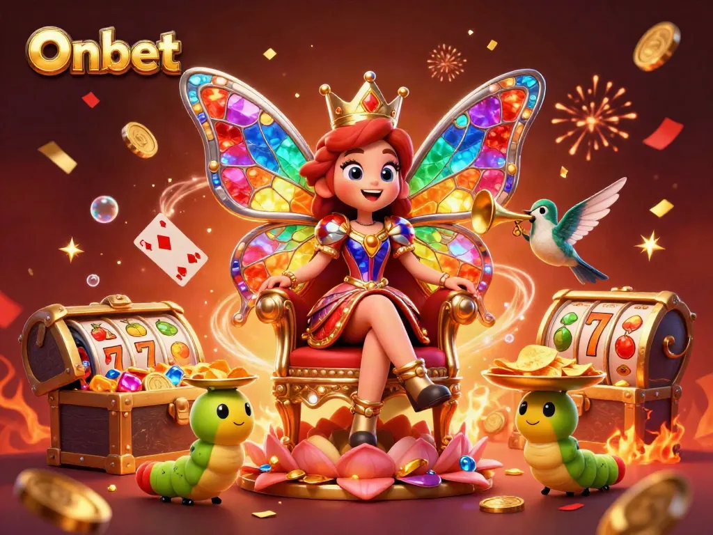 Win big with Onbet in a vibrant 3D casino-themed illustration featuring a butterfly queen, chips, and slot reels.