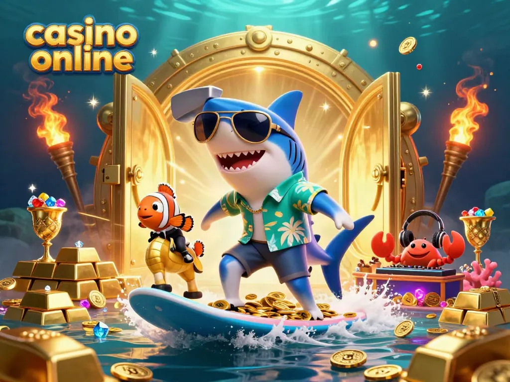 Experience thrilling vibes with a 3D cartoon shark at a casino online, surrounded by gold and gems.