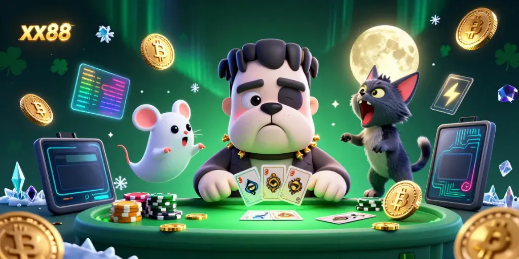 Join in the xx88 action as a Frankenstein bulldog dealer shuffles cards at a vibrant, spooky casino table.