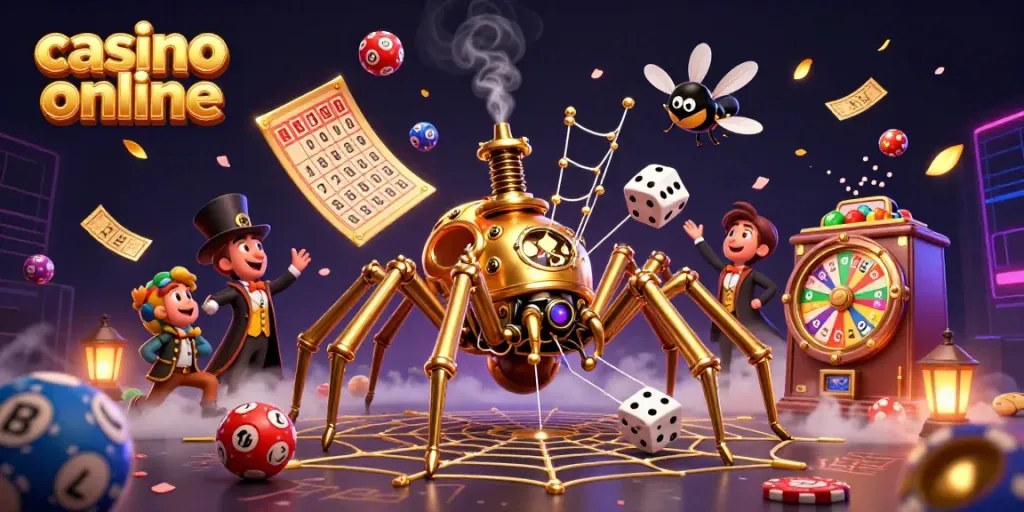Experience casino online excitement with a golden spider and colorful lottery elements in a dynamic 3D scene.