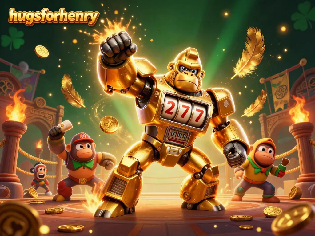Engage in the thrilling world of hugsforhenry with an explosive casino-themed scene featuring a mech and coins.
