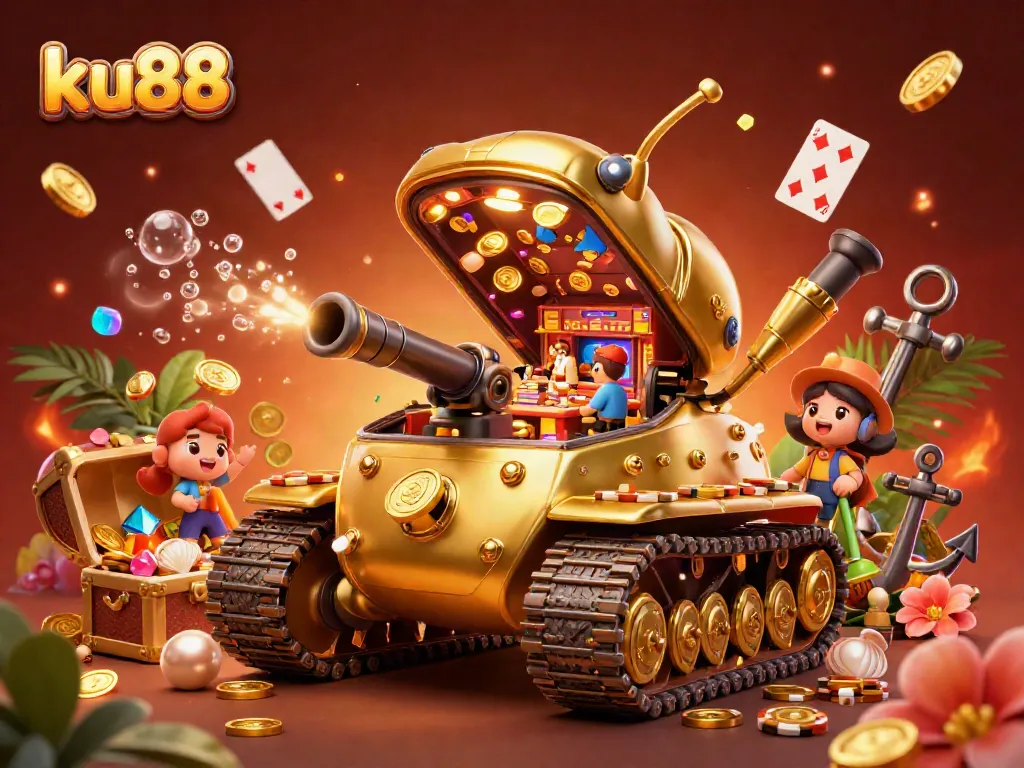 Experience thrilling gaming adventures at ku88 with a 3D golden beetle casino tank surrounded by treasure and excitement.