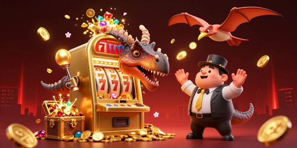 Engaging QS88 scene with a pachycephalosaurus winning coins at a slot machine while others catch coins.