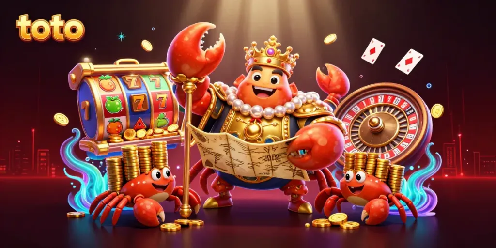 Engage in thrilling toto casino adventures with a dynamic scene showcasing golden crab emperor and vibrant gaming elements.