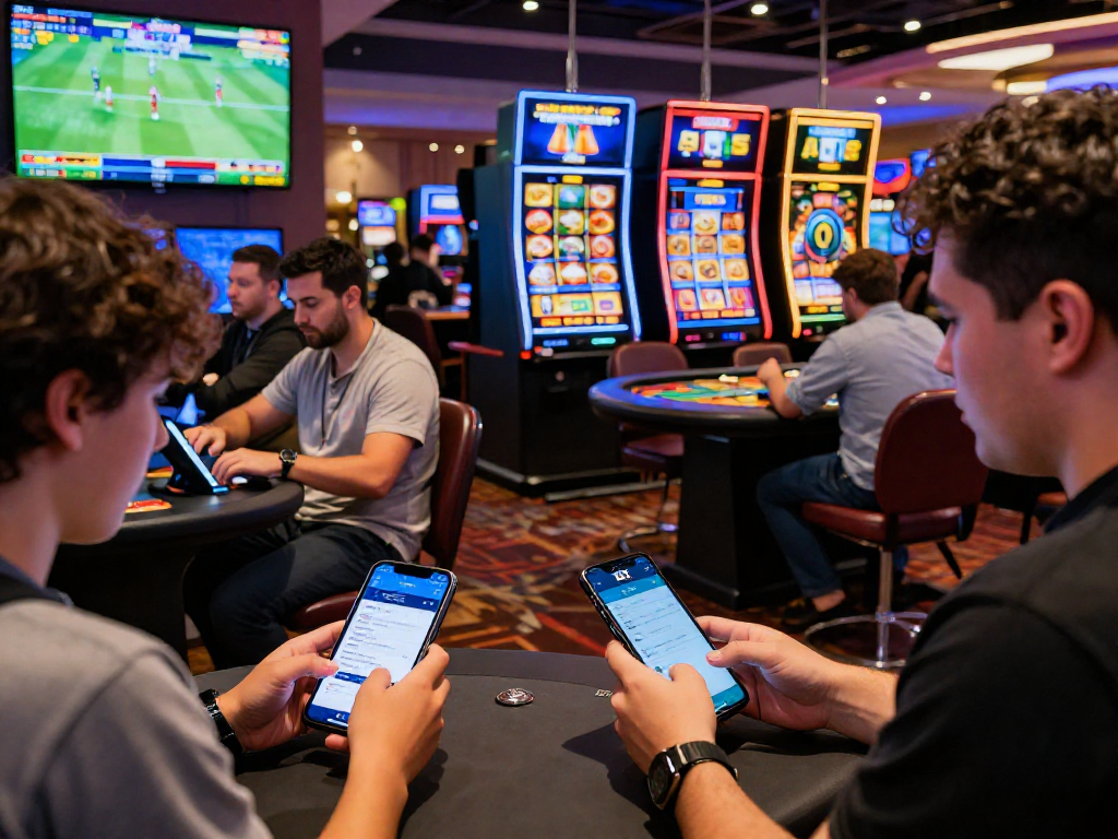 People enjoying online betting on EK 333 platform in a vibrant casino-like setting, showcasing excitement and engagement.