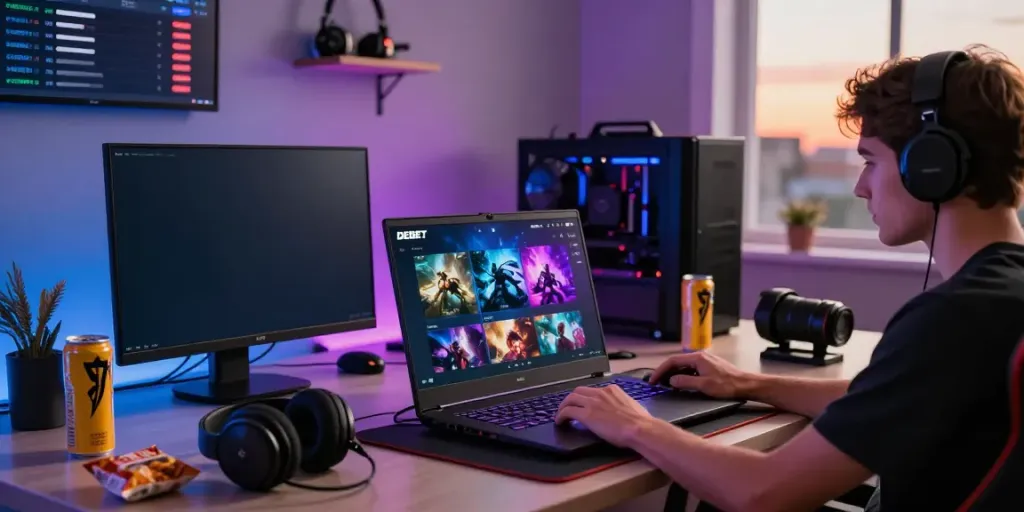 Engaged gamer exploring the DEBET gaming platform on a laptop, surrounded by gaming accessories and vibrant lighting.