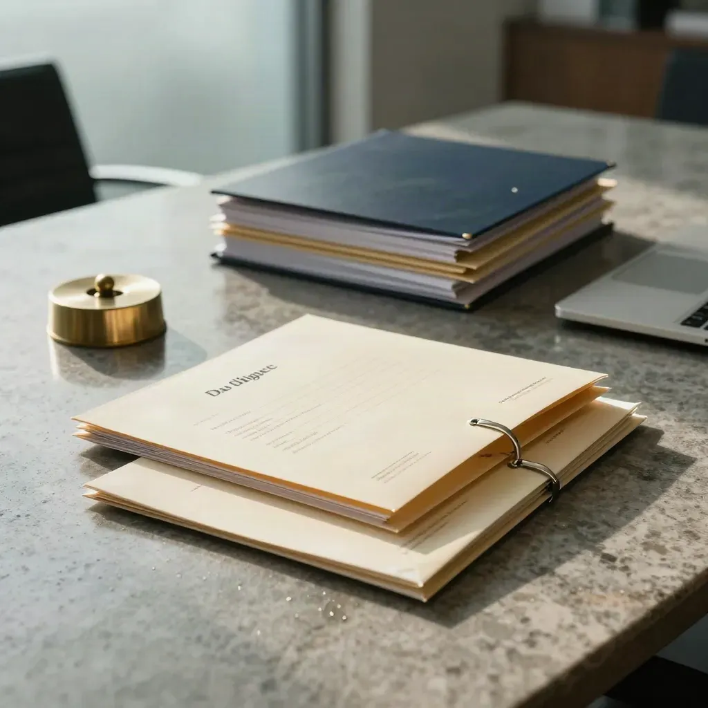 Moody law-office table with legal files, navy binder, sealed packets and laptop after rain.
