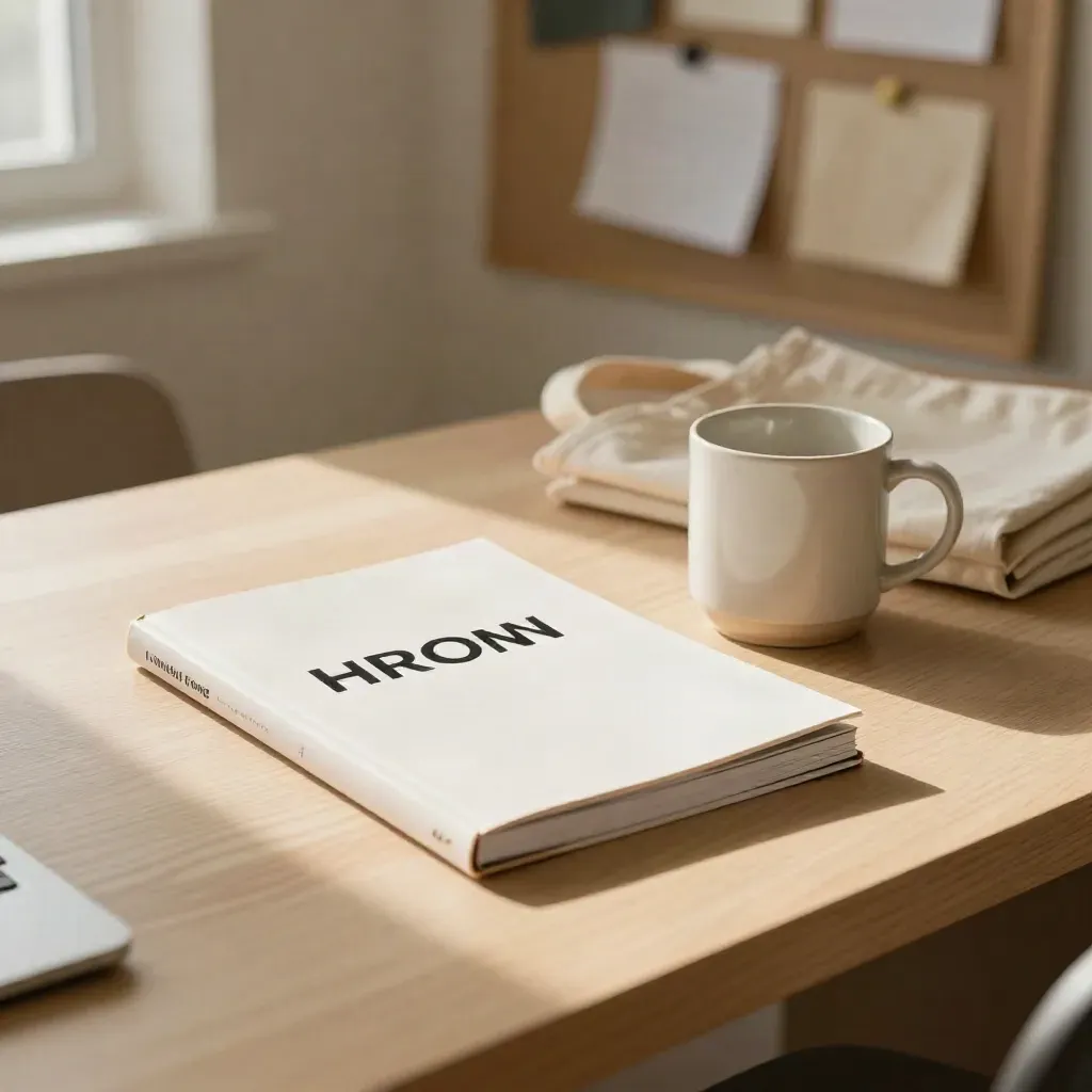 HR onboarding desk with handbook, mug, tote and blurred pinboard in warm spring light