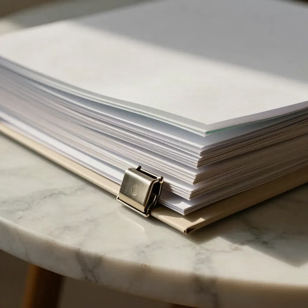 Legal matter bundle settling closed on marble with silver clasp and paper dividers.