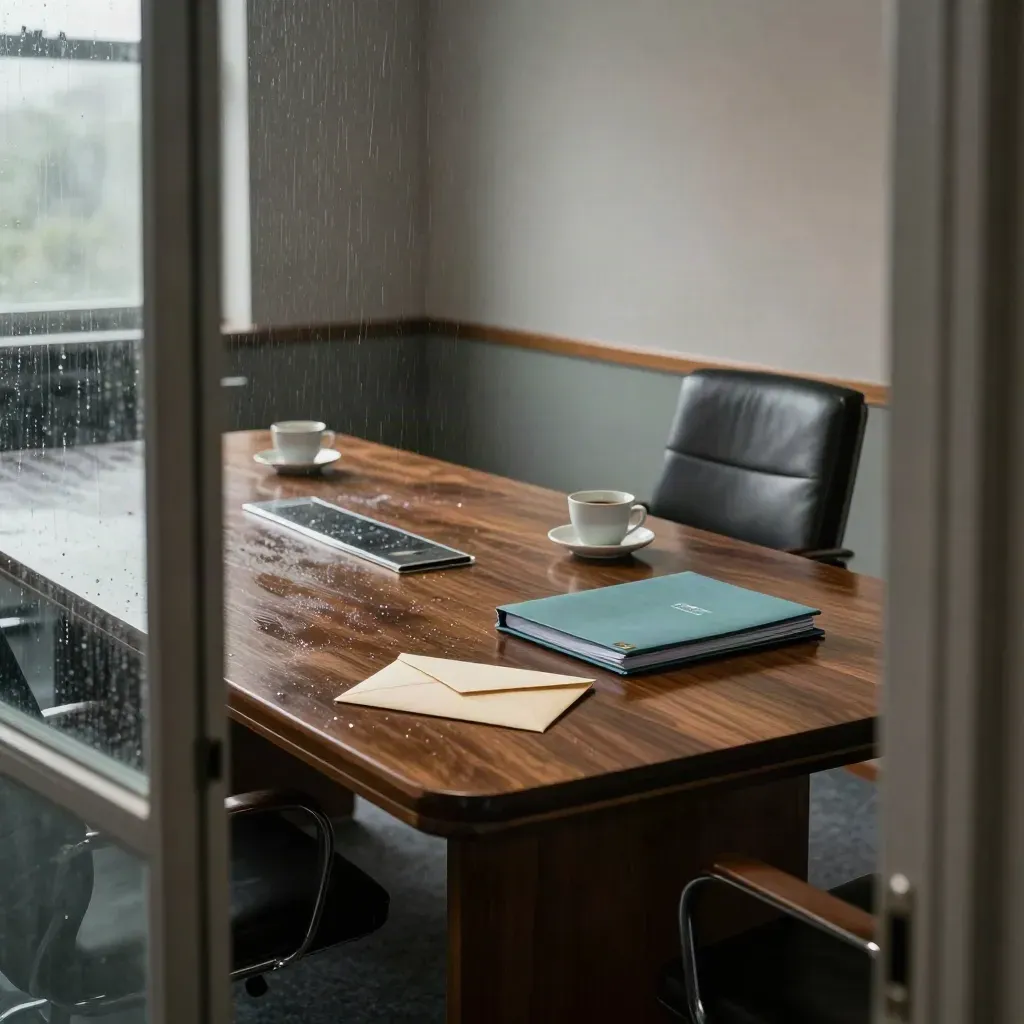 Rainy boardroom after a dispute meeting, with envelope, coffee cups, sealed file, and pushed-back chair.