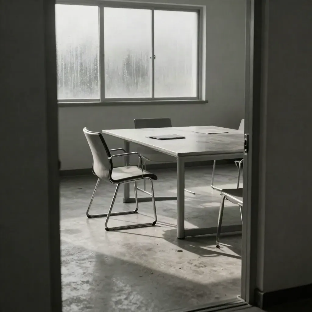 Empty meeting room with overturned chair, closed file, and coffee ring after an argument.