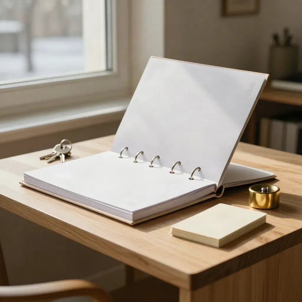 Sunlit company formation kit with binder, keys, folder and brass paperweight on pale timber.