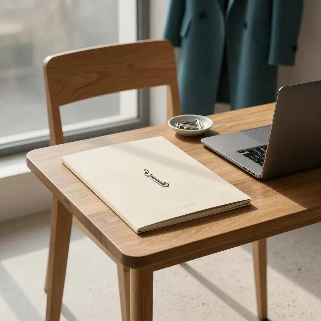 Employment onboarding corner with closed pack, laptop, paperclips and teal coat on chair.
