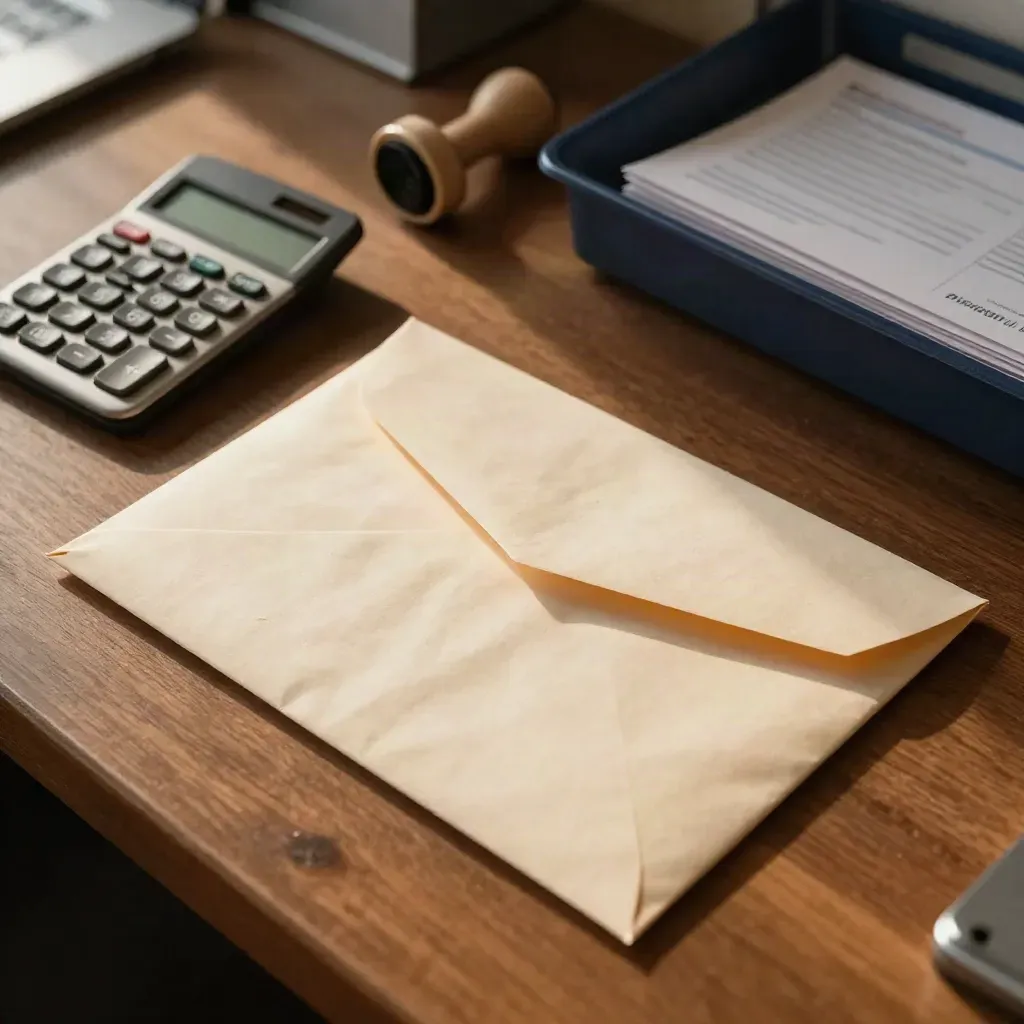 Top-down debt recovery mail setup with returned envelope, calculator, stamp and follow-up letters.