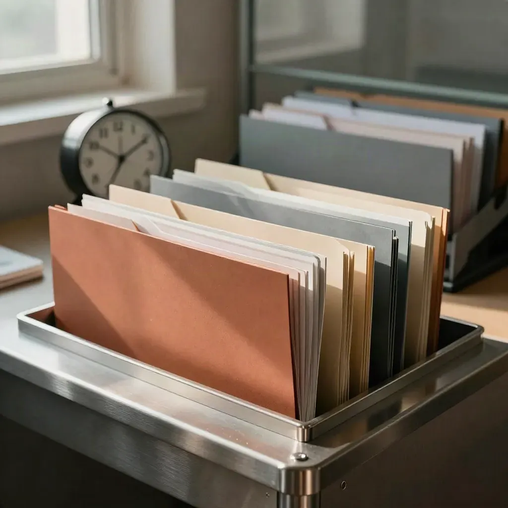 Colour-coded compliance folders lined up on a brushed-steel desk in cool morning light.