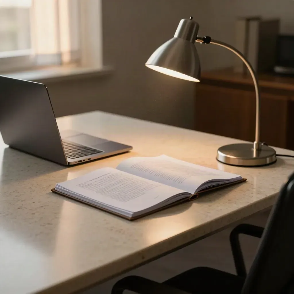 Closed laptop and legal folders on a travertine table by an open window