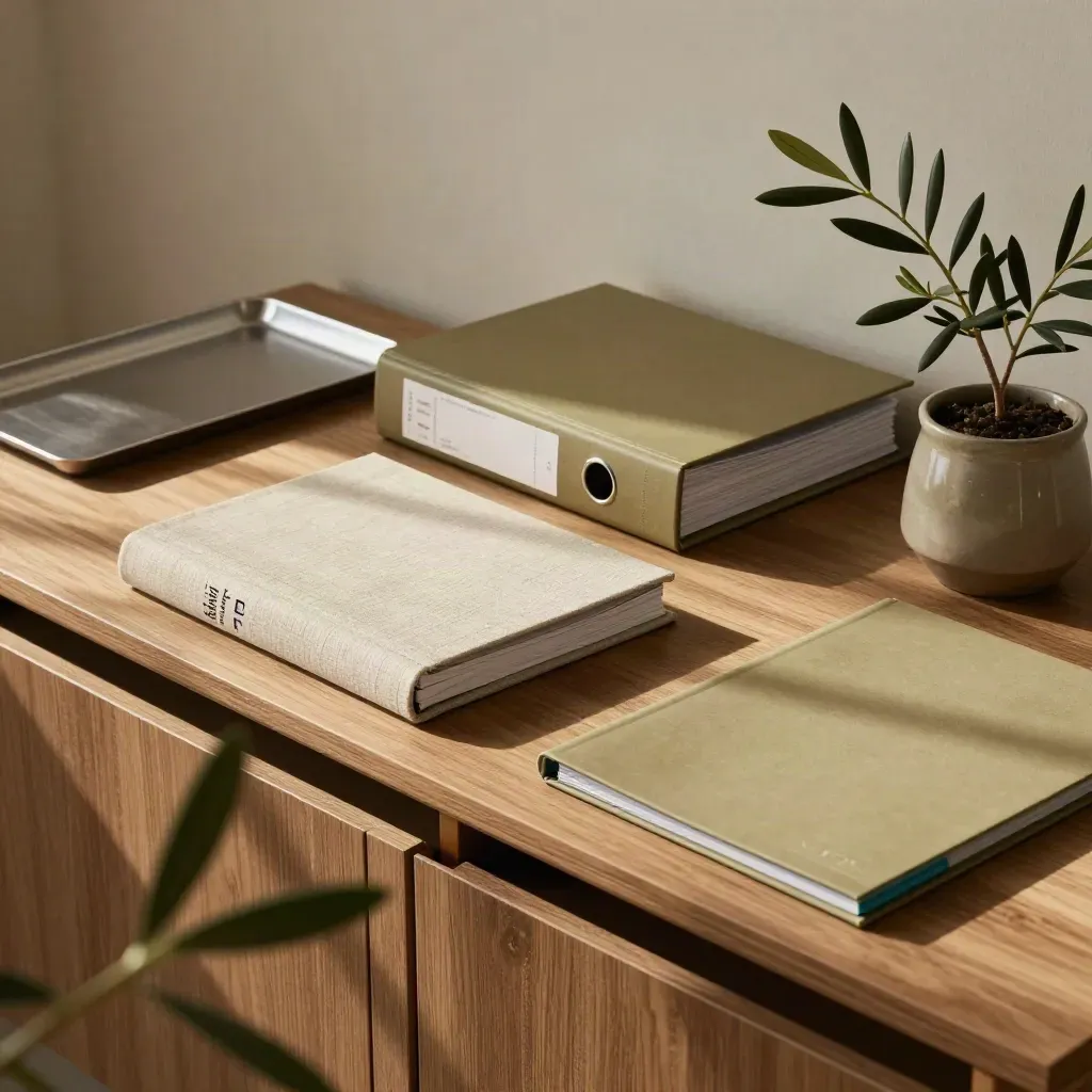 Office credenza with handbook, policy binder, folders and plant in soft morning light.