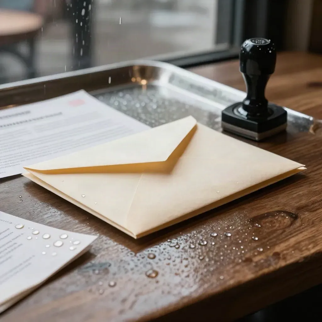 Rain-speckled dispute letters, envelope and stamp on a cafe table by the window.