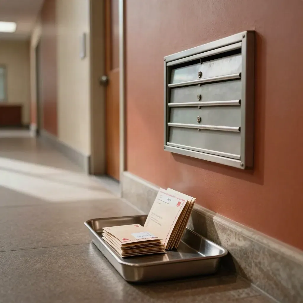 Moody office corridor mail station with sealed correspondence and a metal tray in dramatic side light