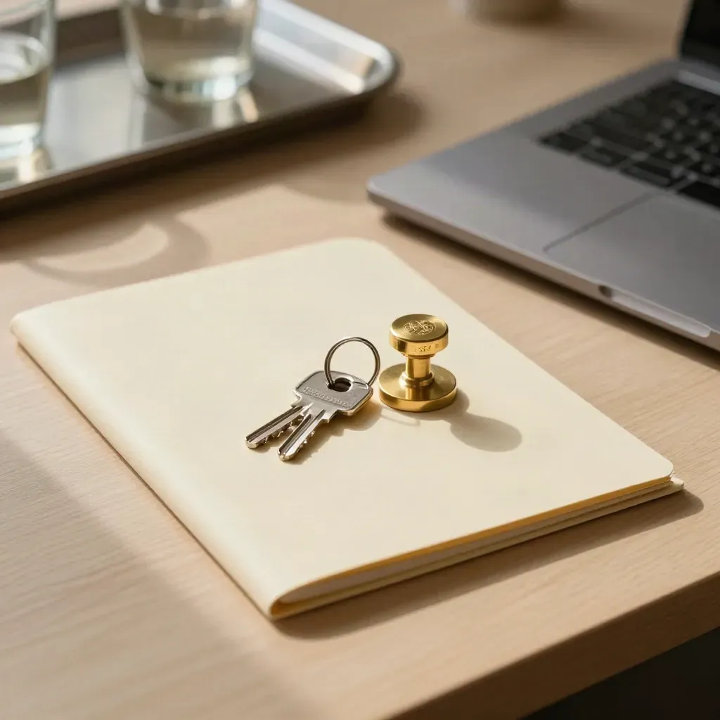Keys, embossed folder, brass stamp and closed laptop on pale timber in warm office morning light.