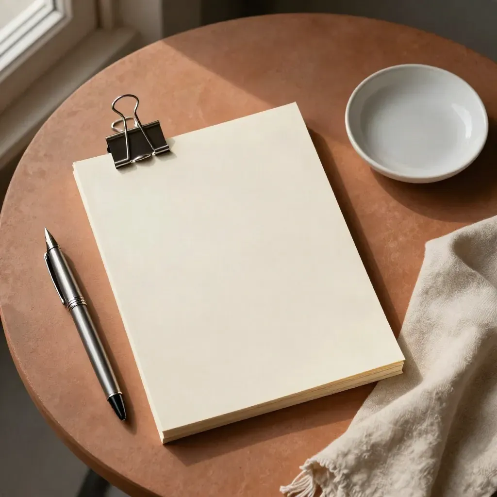Overhead legal flatlay with clip, folio, pen, linen cloth and ceramic dish