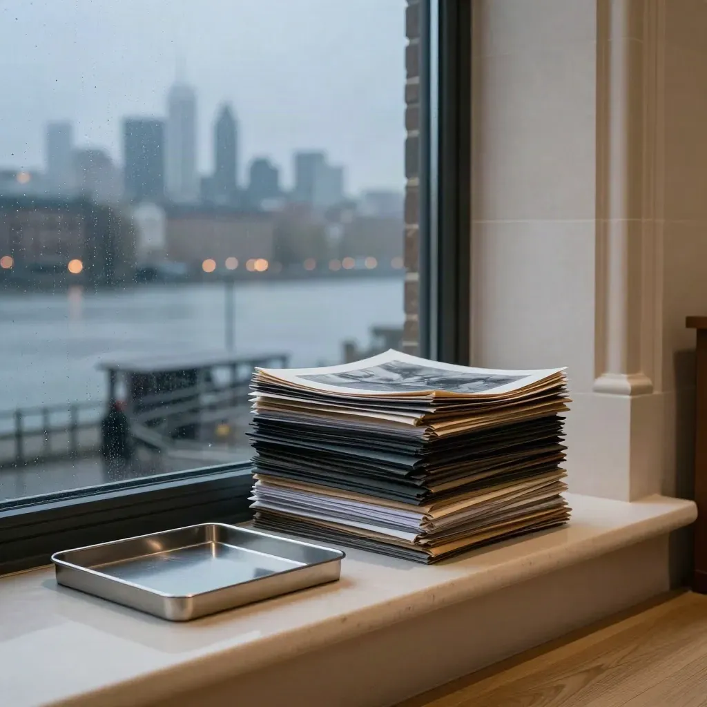 Blue-hour legal office window with files, stone lines and blurred Thames skyline
