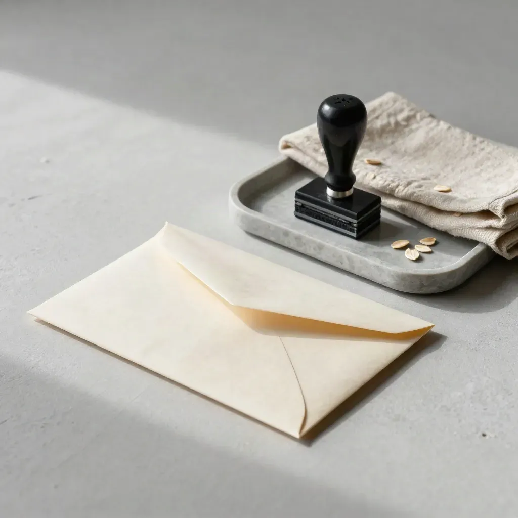 Sealed envelope, rubber stamp and stone tray on folded cloth in soft directional light