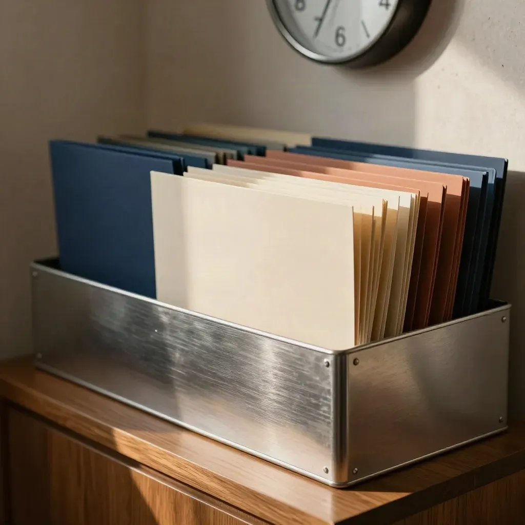 Colour-coded compliance folders and trays in a calm office corner with a wall clock.