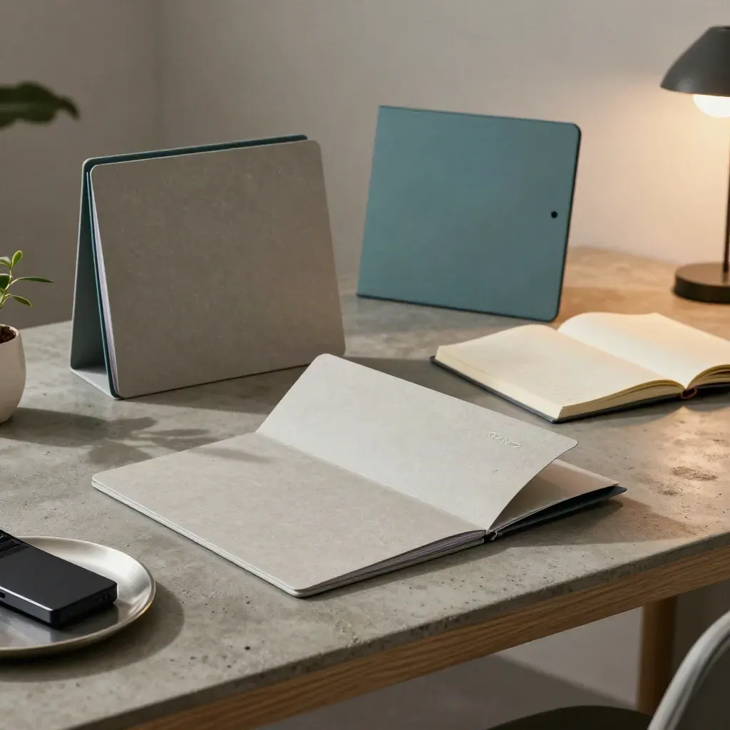 Side-angle legal retainer desk with folders, notebook, phone base and plant in evening light