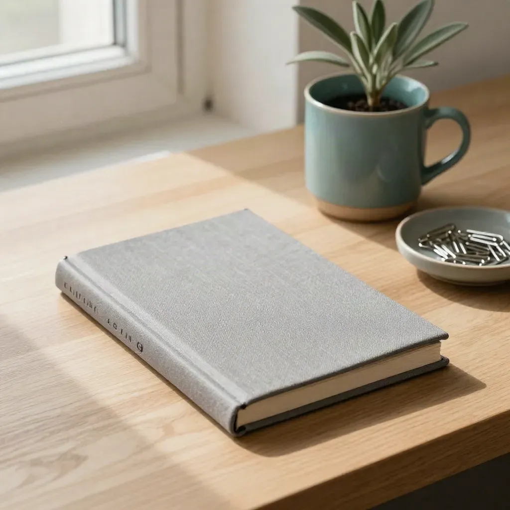 Closed employee handbook, teal mug, plant and paperclips on pale wood in soft window light.